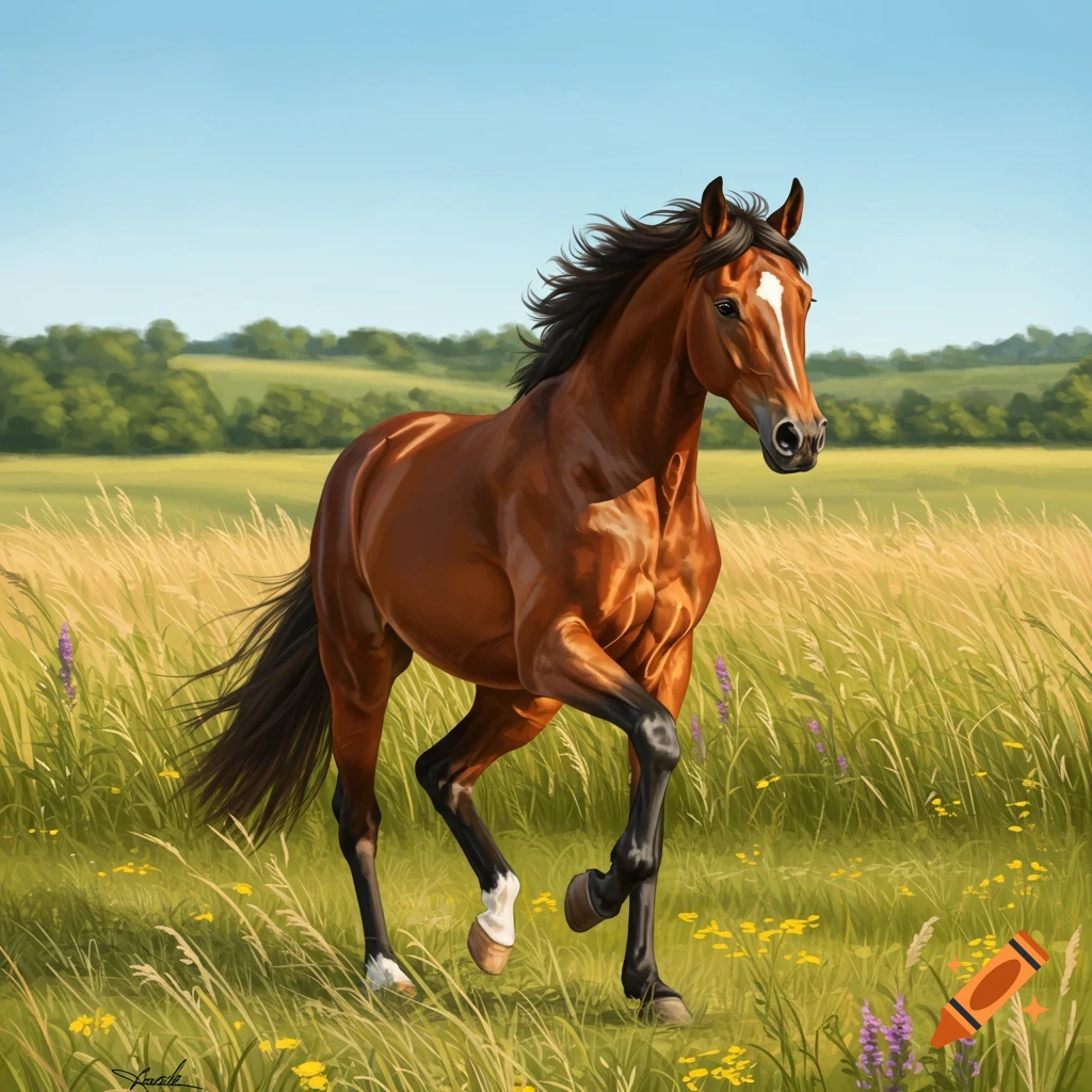 A brown horse with a white blaze trots through a field of tall grass and wildflowers under a clear blue sky.