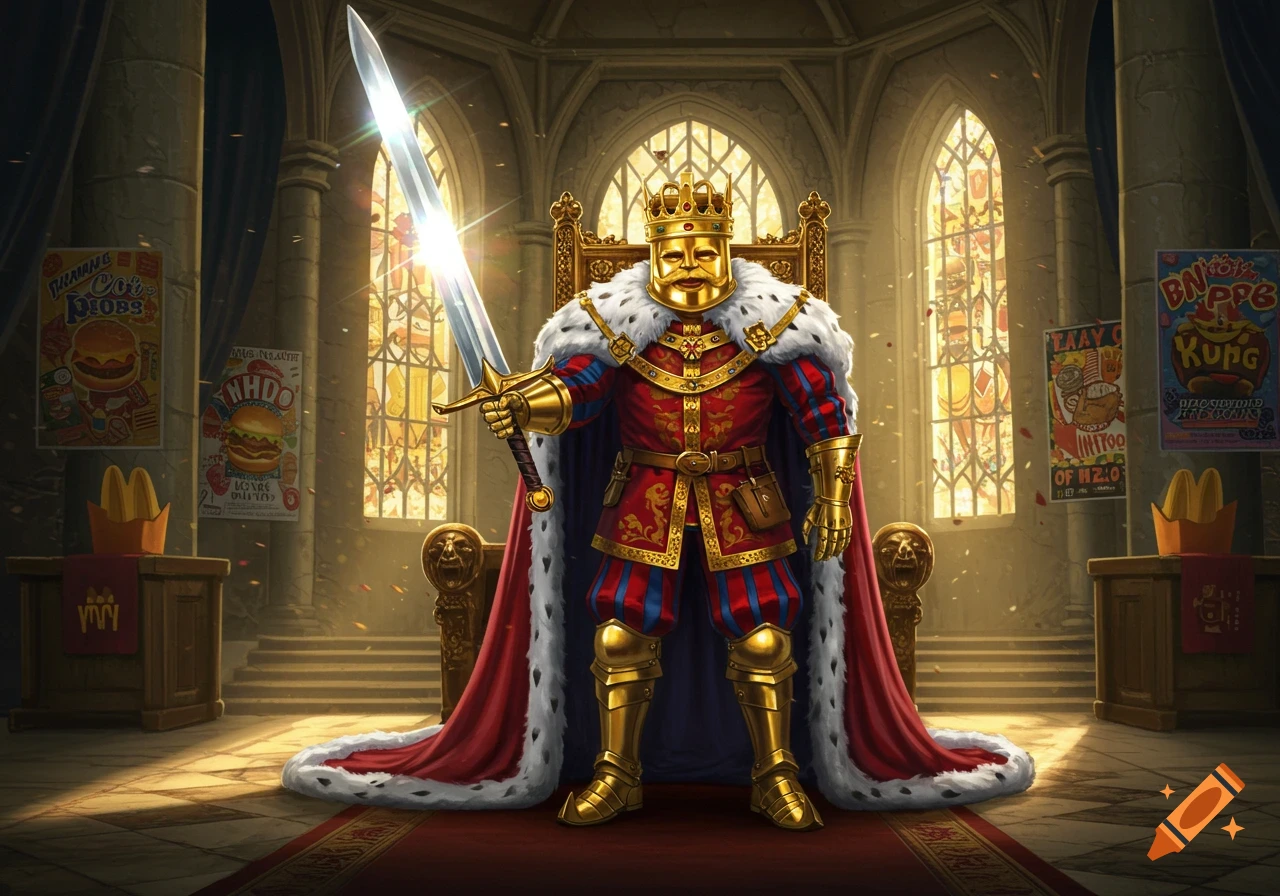 A king in red and gold robes and armor, wearing a golden mask and crown, stands in a throne room holding a glowing sword. Posters with fast-food themes hang in the background.