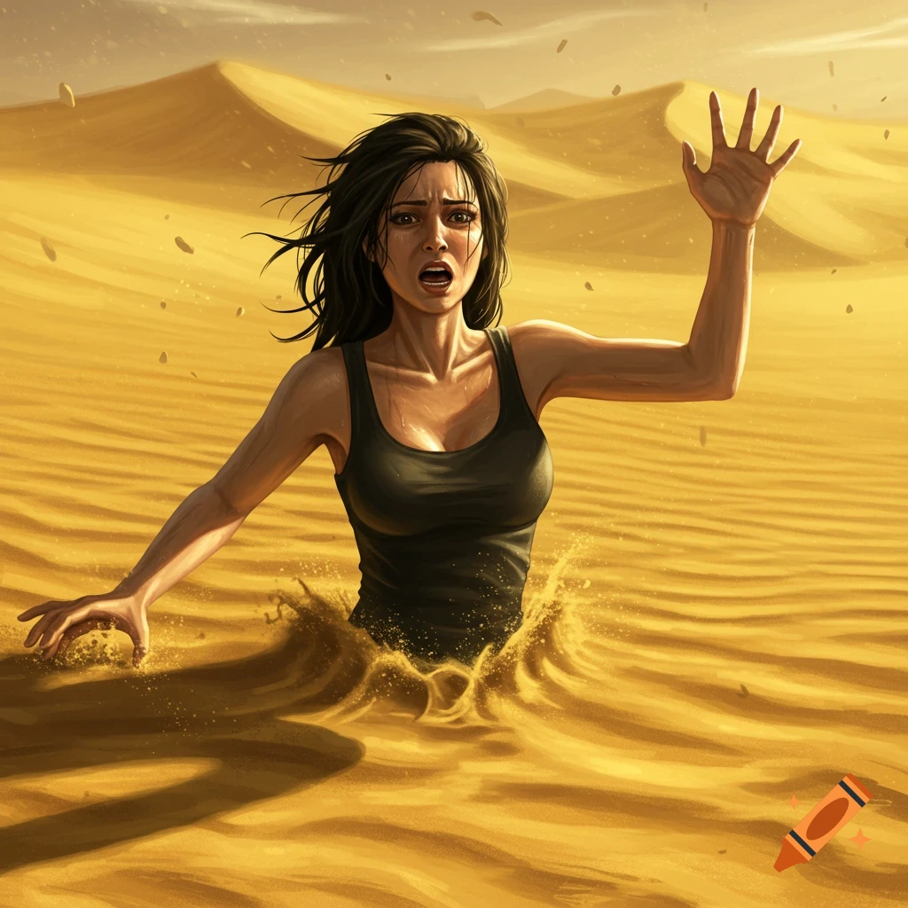 Distressed woman in a black tank top sinking in quicksand in a vast desert, digital painting.