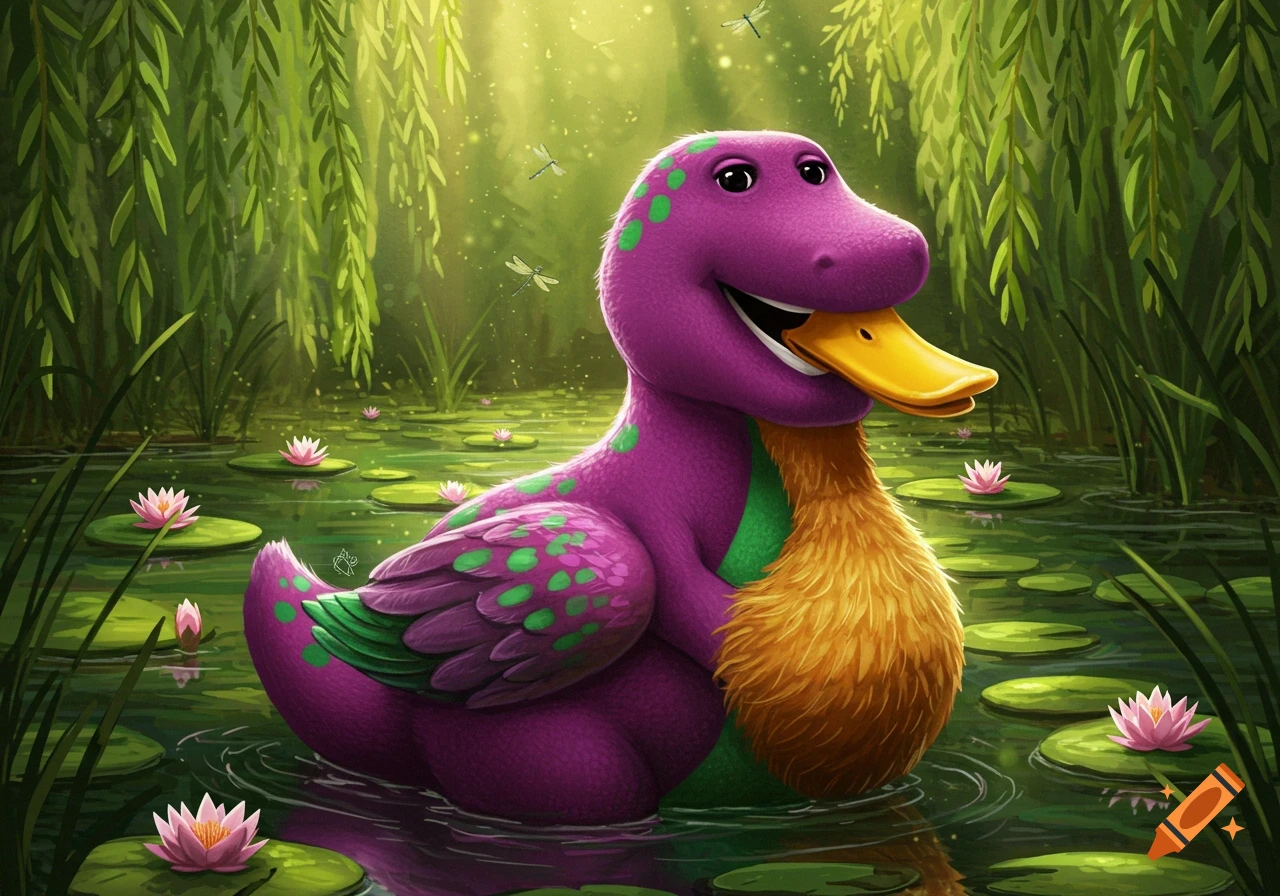 A whimsical illustration of a purple dinosaur-duck hybrid, resembling Barney, swimming in a green pond with water lilies.
