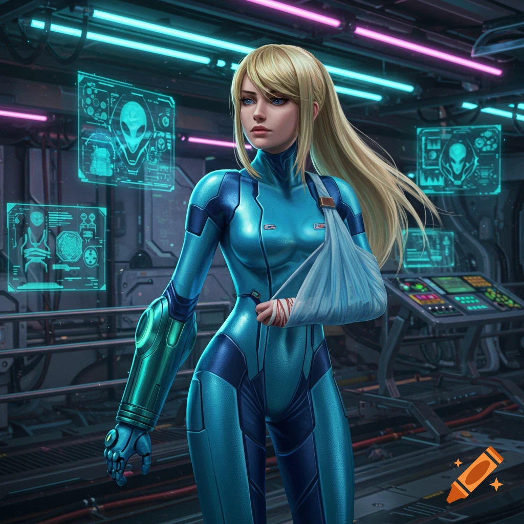 A woman resembling Samus Aran in a blue futuristic Zero Suit, with her right arm in a sling, stands in a neon-lit sci-fi control room.