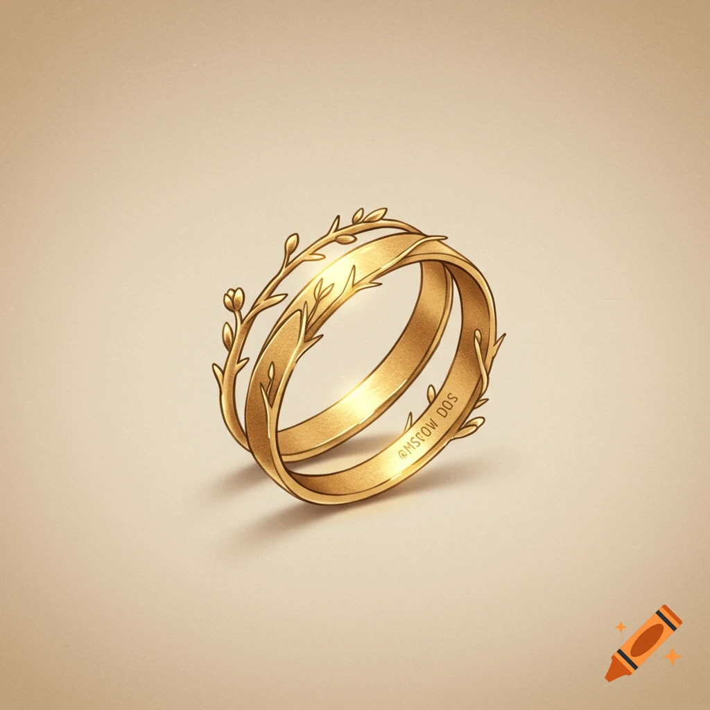 A golden wedding ring designed with intertwined leafy branches, set against a warm, neutral background in an illustrative style.