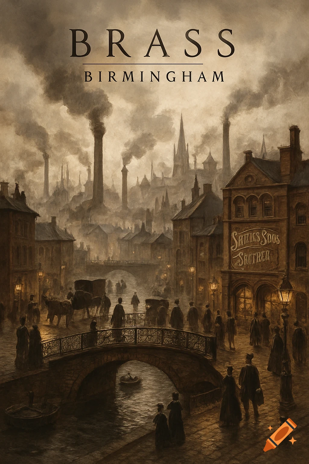 A dark, atmospheric painting of an industrial Victorian city with smoking factories, canals, bridges, and people. Text reads "BRASS BIRMINGHAM."