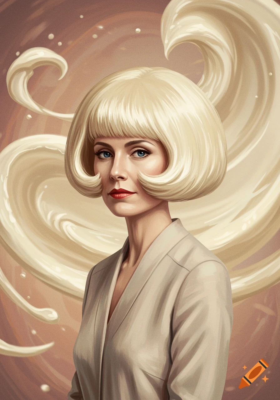 A portrait of a woman in a neutral-colored jacket, with light blonde hair styled like swirls of cream cheese, against a warm background.