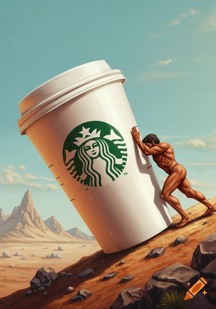 A naked man resembling Sisyphus pushes a giant Starbucks coffee cup up a rocky desert hill under a clear sky. Illustrative style.