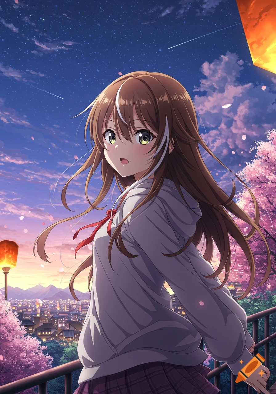 An anime girl with long brown hair and a white streak stands on a balcony overlooking a city at dusk, with cherry blossoms and a starry sky.