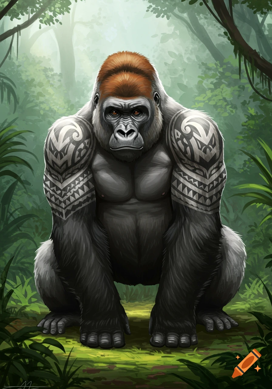 A stylized gorilla with Samoan tribal tattoos on its arms, sitting in a lush jungle setting.