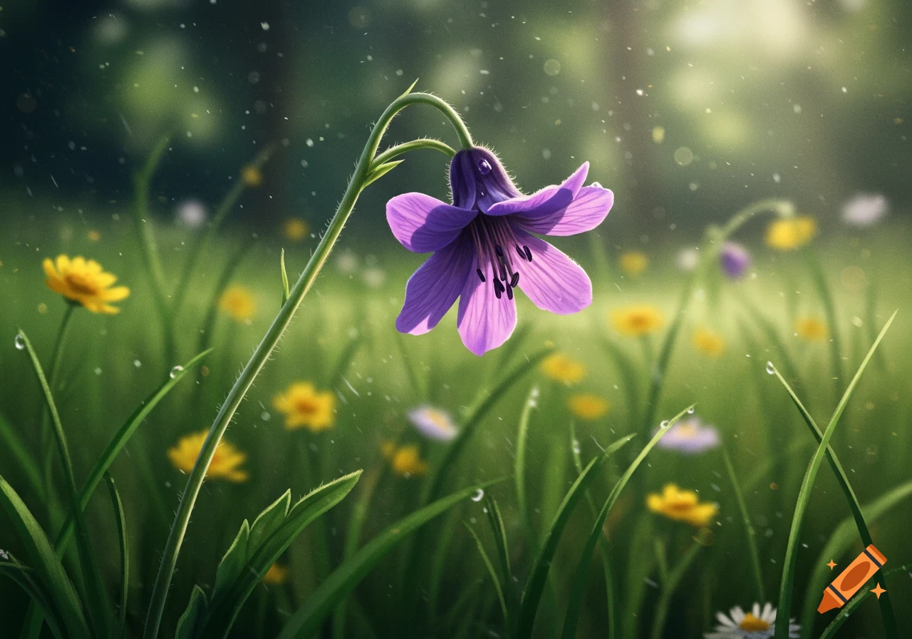 A vibrant purple wildflower with a dewdrop on its petal stands tall in a lush green field filled with yellow and white wildflowers under soft sunlight.