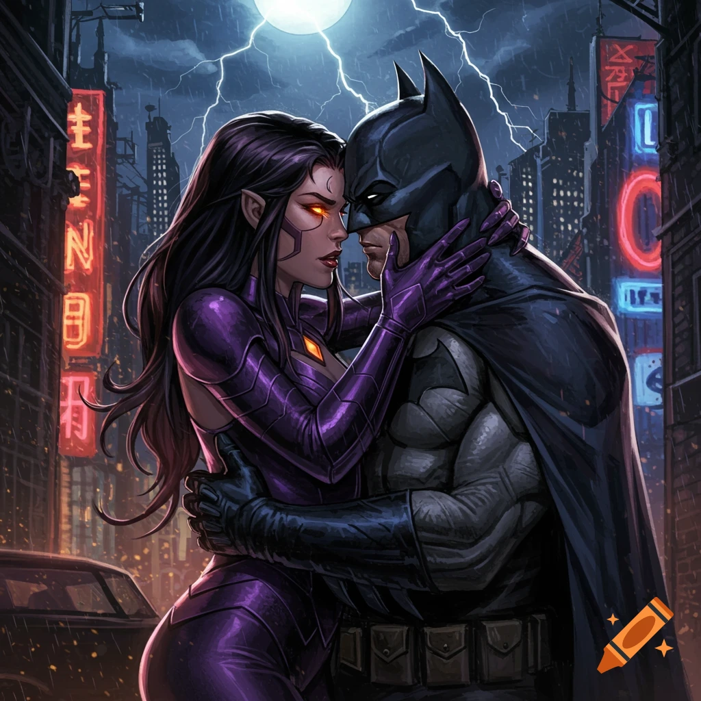 Batman and Blackfire embrace intimately under a stormy night sky with lightning and a full moon, in a cyberpunk-style cityscape.