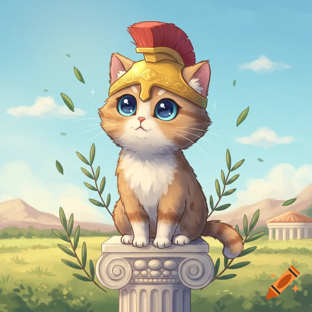 A cute cartoon cat with big blue eyes sits on a classical Greek column, wearing a golden Spartan helmet.