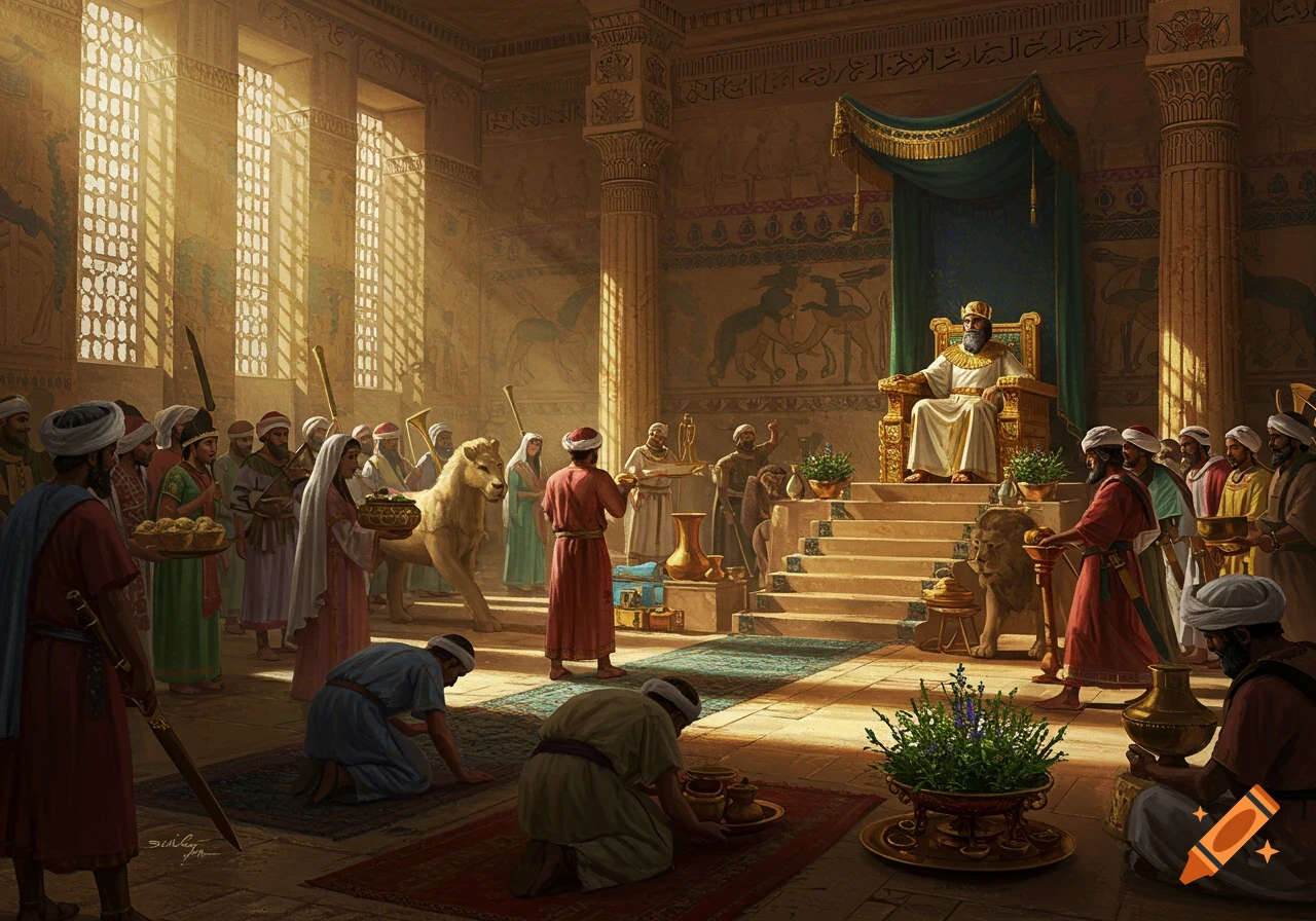 A grand historical painting shows Darius the Great on his throne in a Persepolis palace, receiving tribute from kneeling subjects and foreign delegations, including a lion, under sunlight.