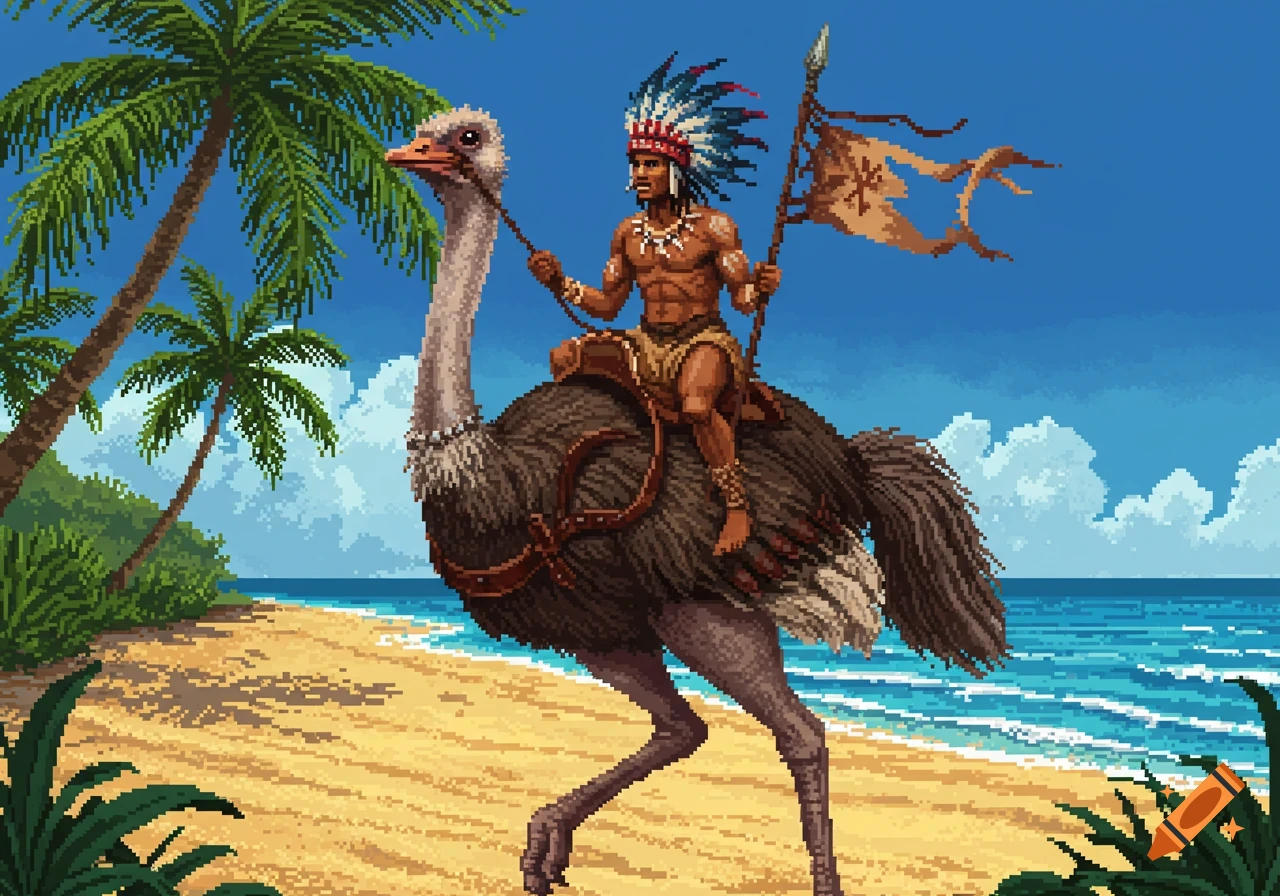 A detailed pixel art image of an island native in a feather headdress riding a large ostrich on a sandy tropical beach.