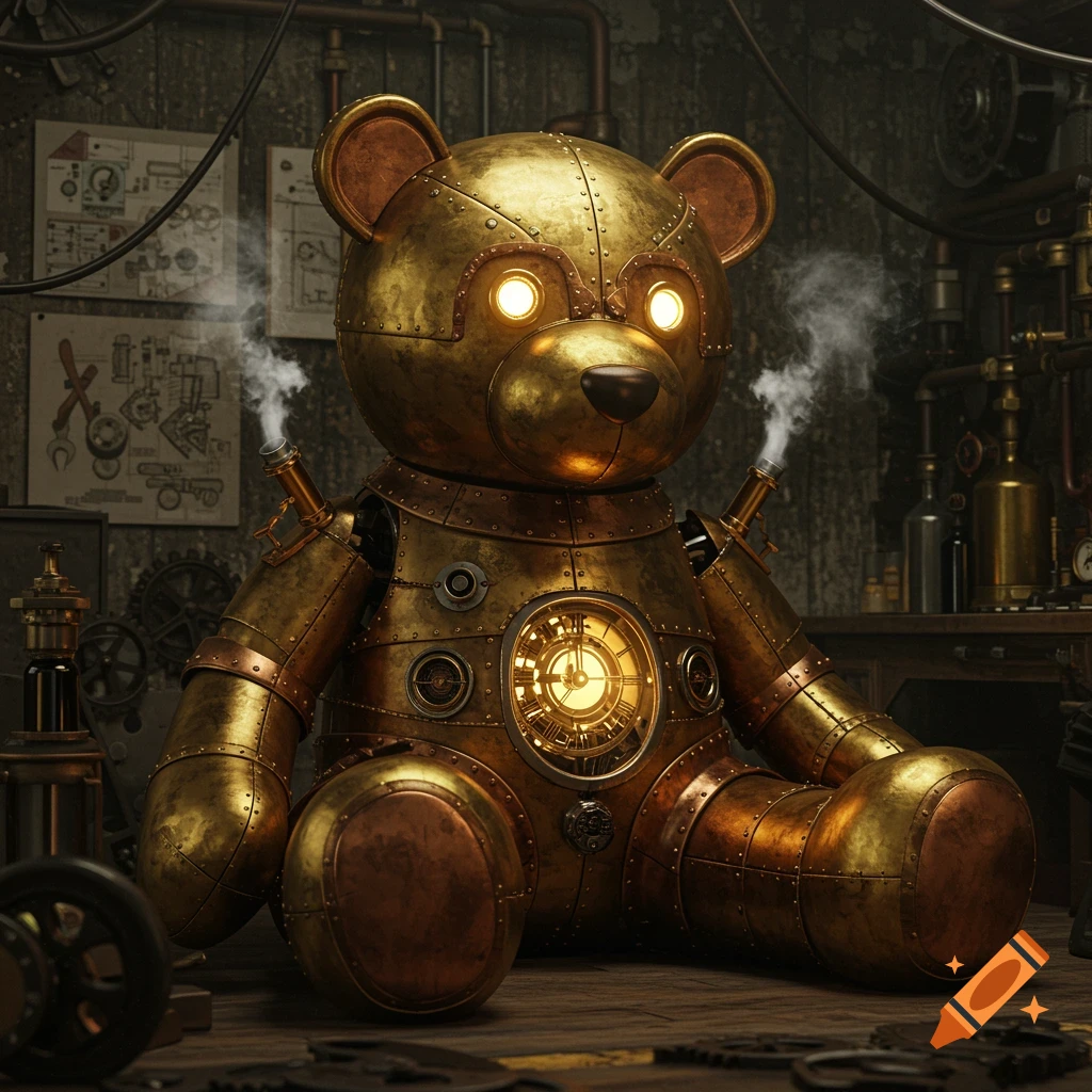 A large, metallic steampunk teddy bear with glowing eyes and a clockwork chest, sitting in a dimly lit workshop.