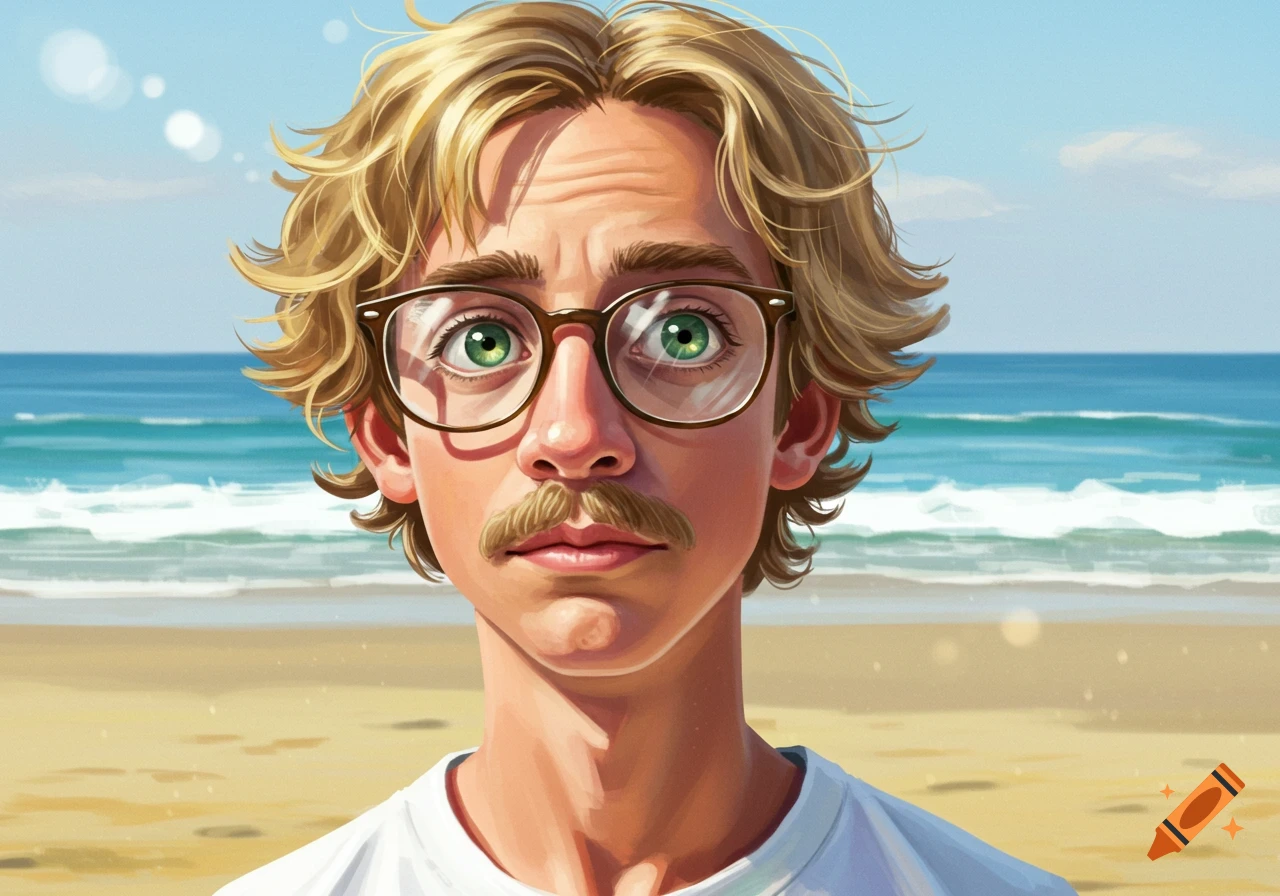 Close-up digital painting of a nerdy young man with wavy blond hair, glasses, and a mustache, at the beach.