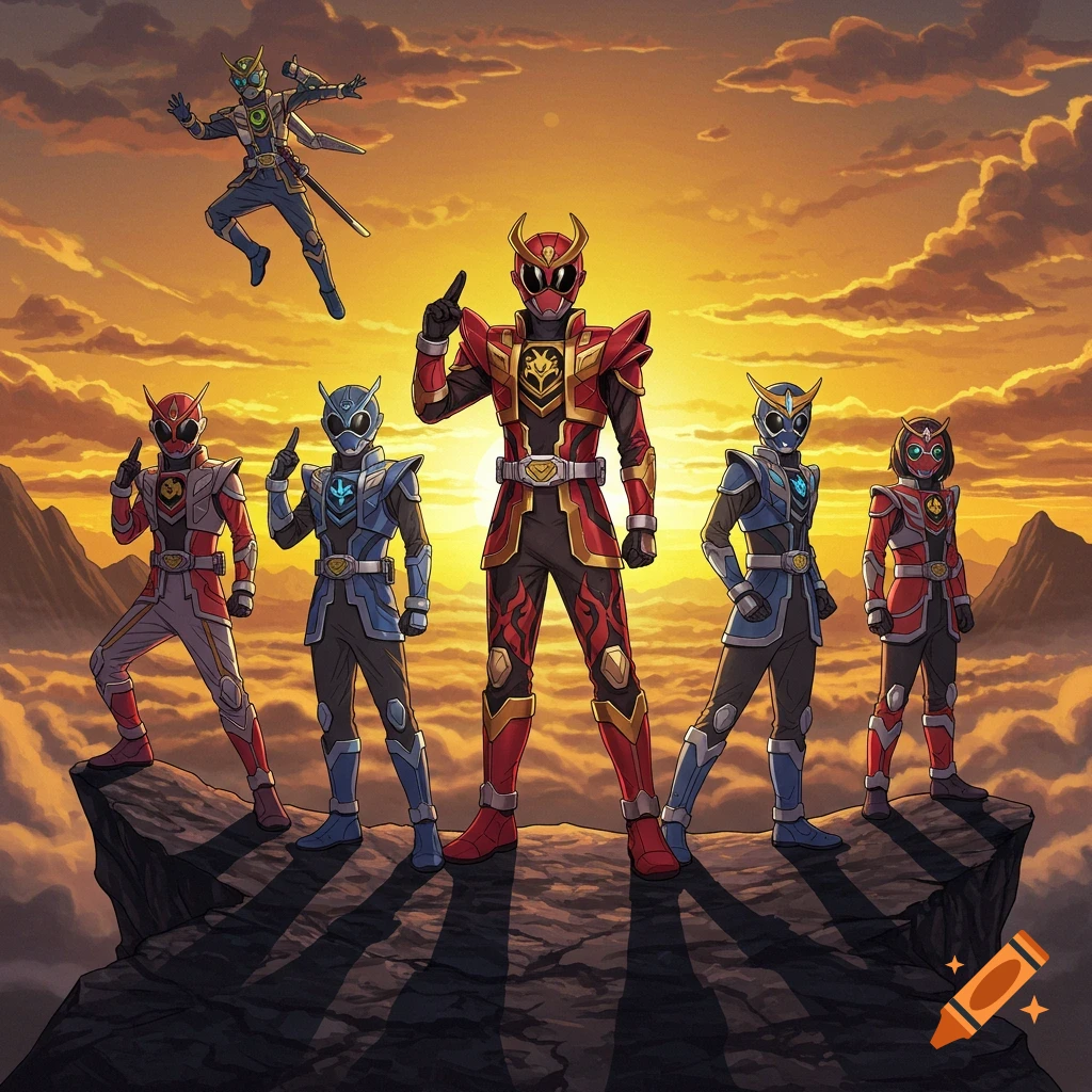 Six stylized superheroes in red, blue, and gold suits stand and fly over a rocky cliff at sunset, with dramatic clouds.