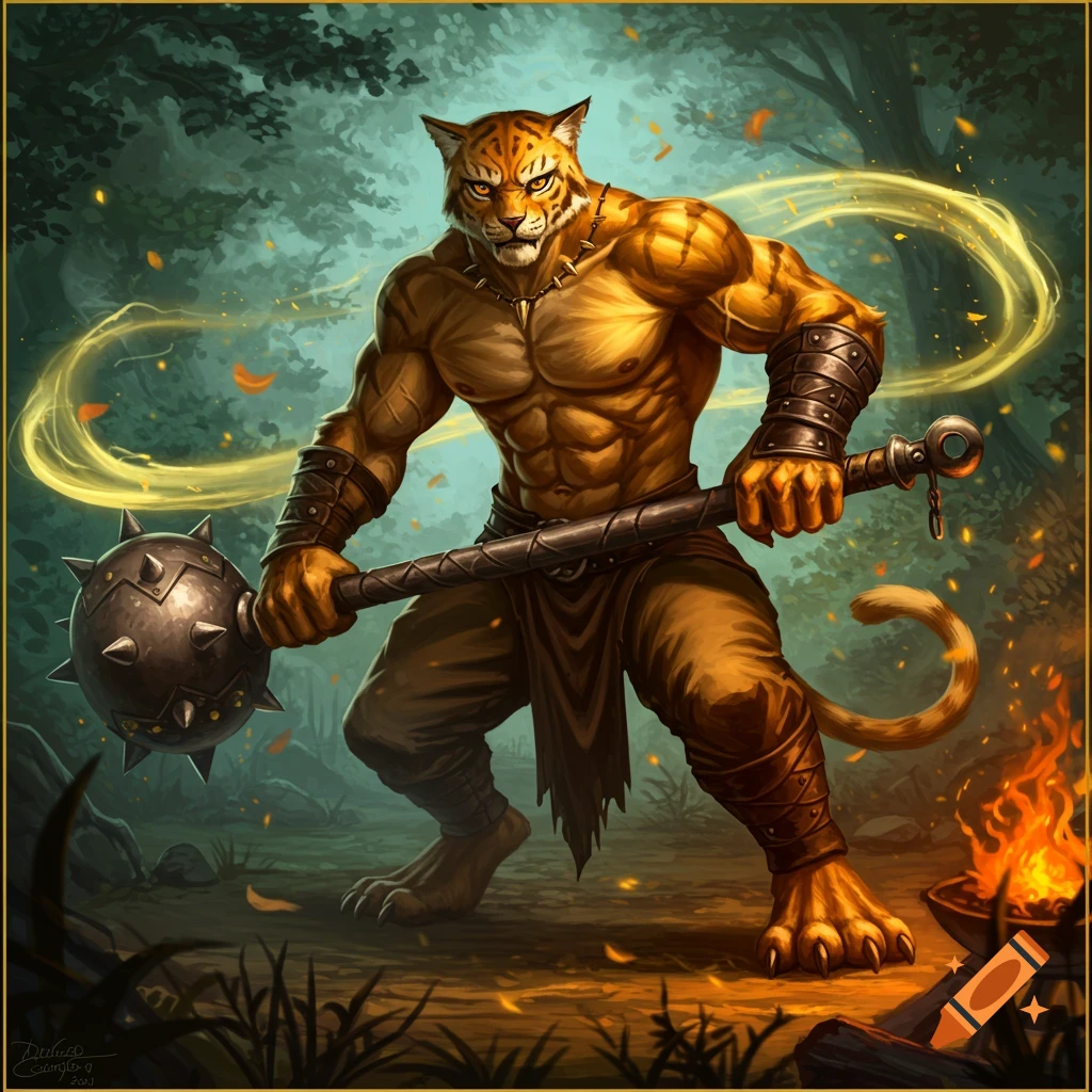 A muscular, anthropomorphic tiger, or Khajiit-like creature, stands in a mystical forest, holding a large spiked mace with glowing energy around it and a fire pit nearby.
