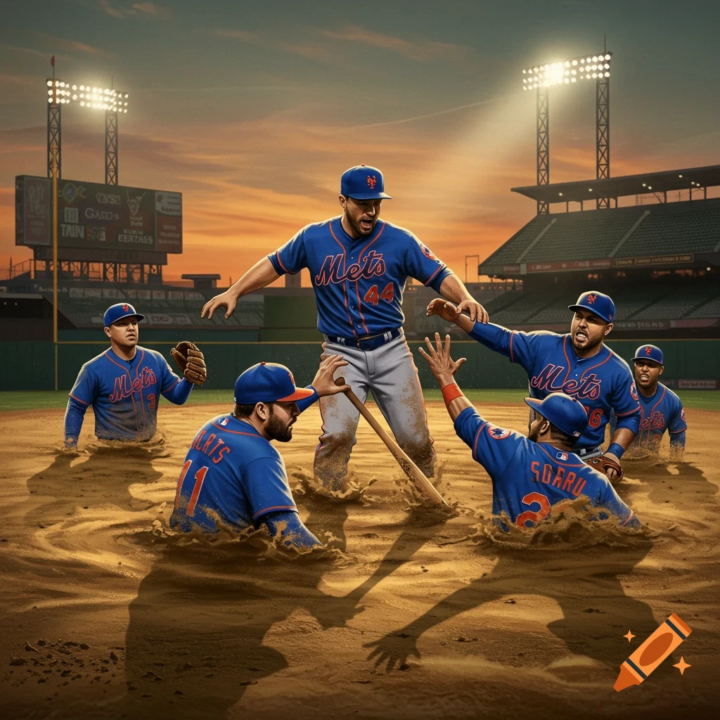 Photorealistic image of New York Mets baseball players sinking in quicksand on a baseball field at sunset.