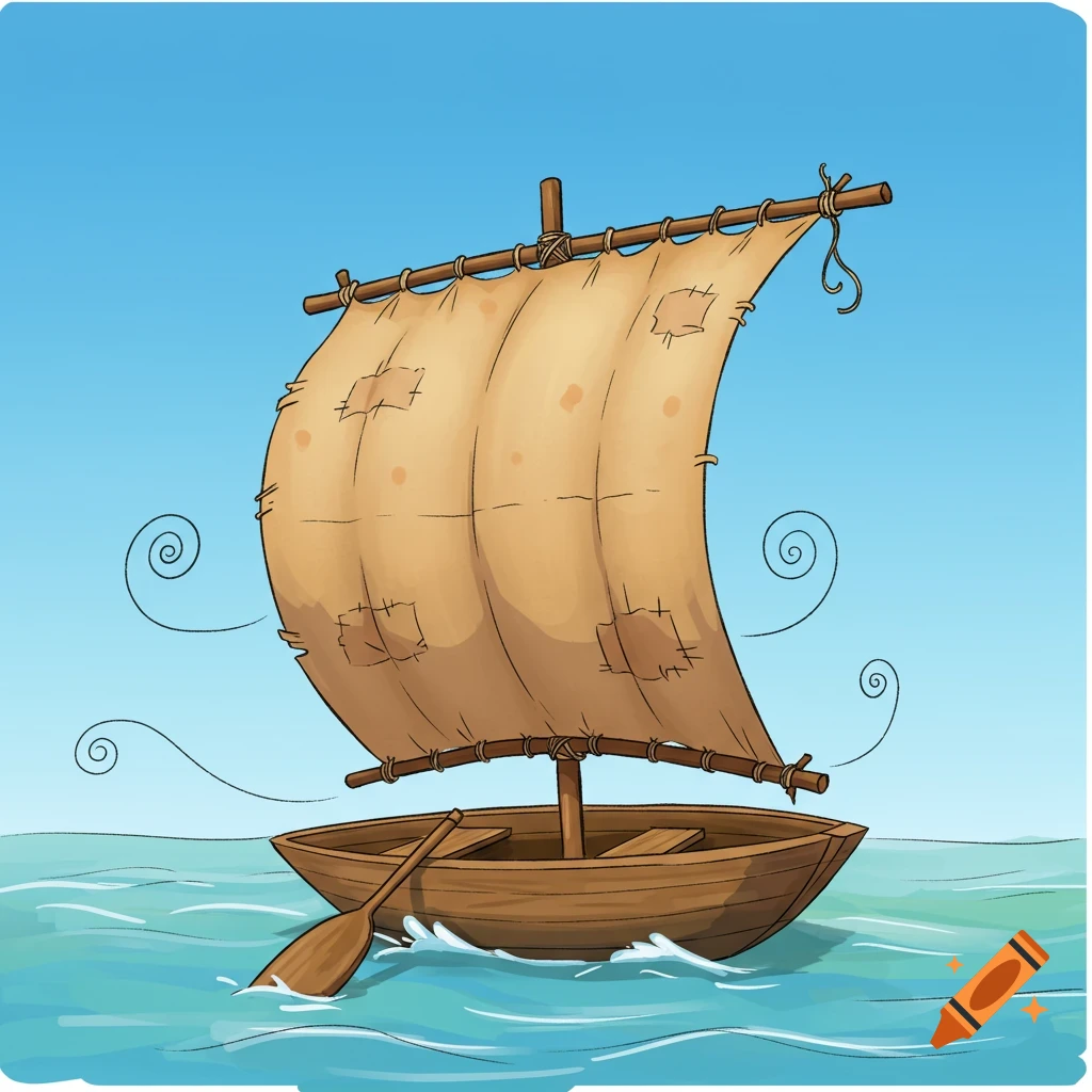 A cartoon wooden sailboat with a patched, tan sail and an oar, sailing on wavy blue water under a clear blue sky.
