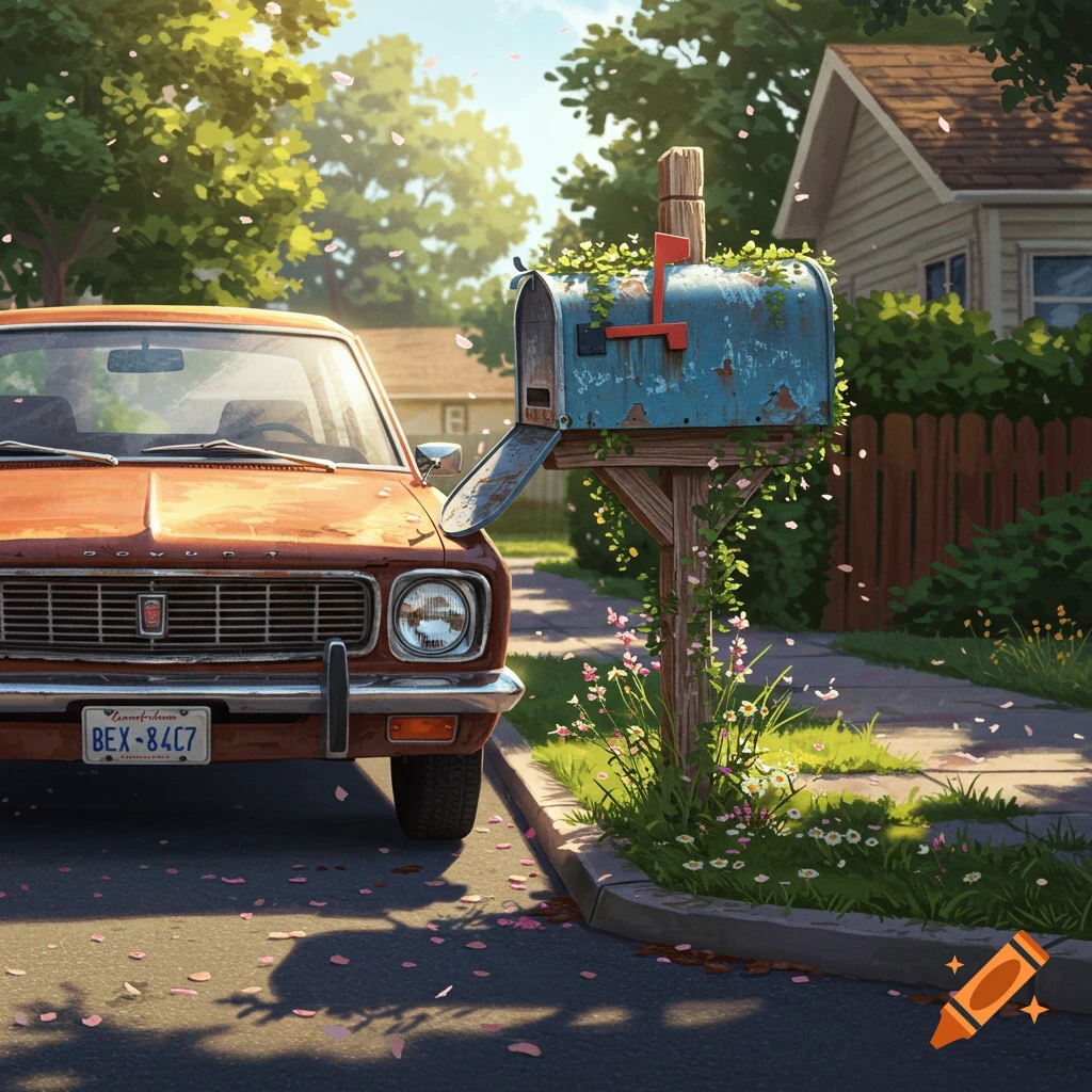 An old orange car parked on a street next to an overgrown mailbox, with a suburban house in the background. Pink petals are scattered on the ground.