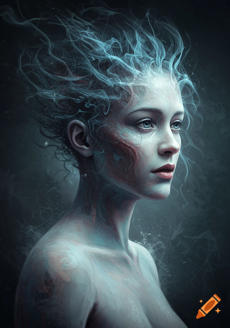 Digital painting of a woman with pale skin, blue eyes, and ethereal blue smoky hair, with red vein-like patterns on her face and body.