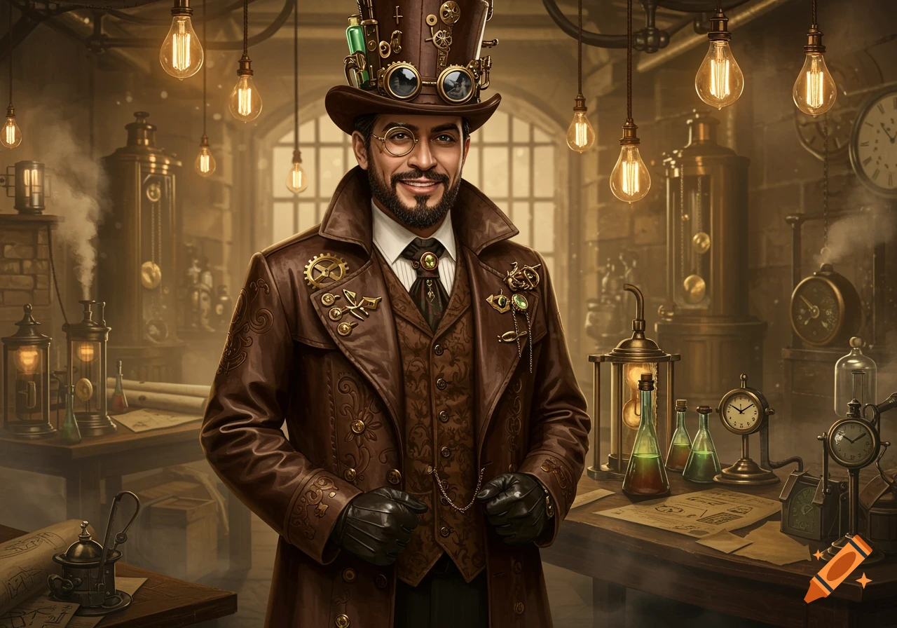 A man in steampunk attire with a top hat and glasses smiles, standing in a dim, lightbulb-filled laboratory.