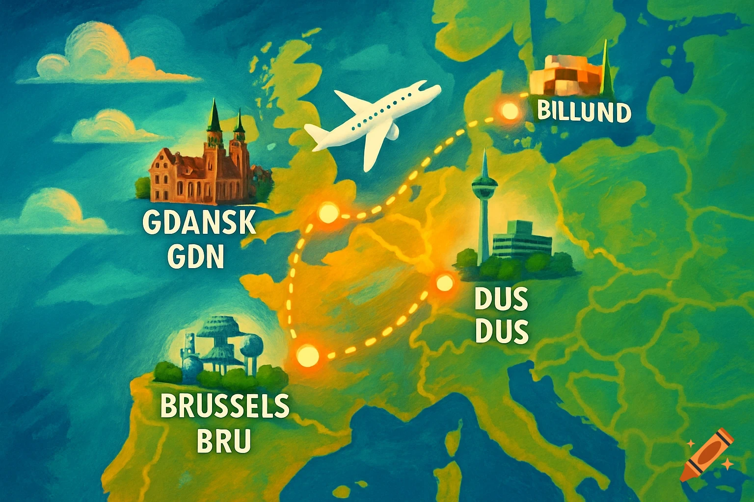 An illustrated map of Europe showing a flight route between Gdańsk, Düsseldorf, Brussels, and Billund, with iconic buildings.