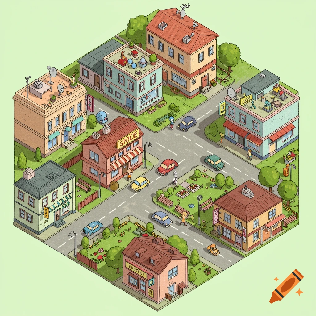 A cartoon isometric view of a hexagonal city block with houses, shops, roads, cars, and people.