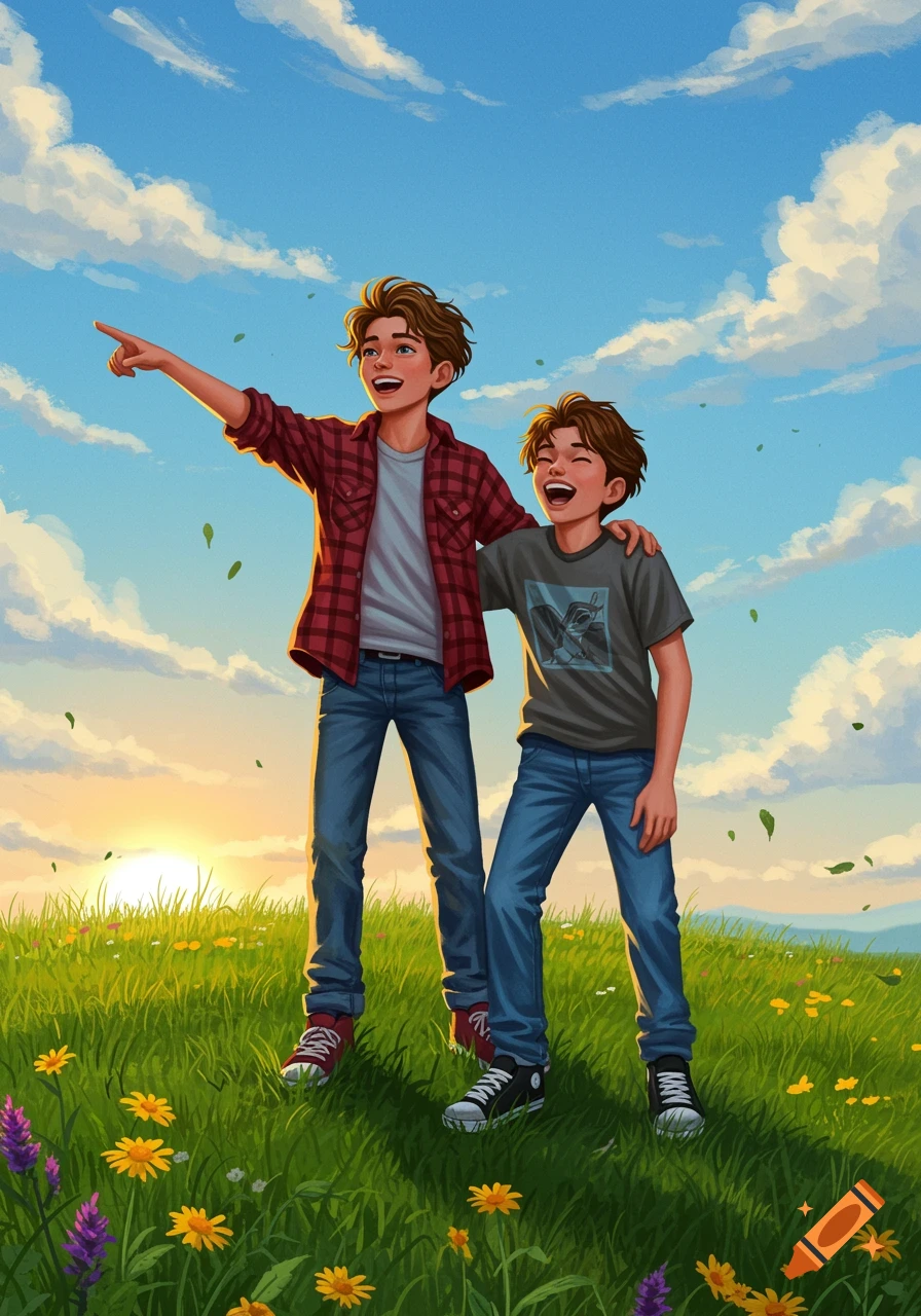 An illustration of two teenage boys standing in a grassy field with wildflowers under a blue sky at sunset, one pointing into the distance.