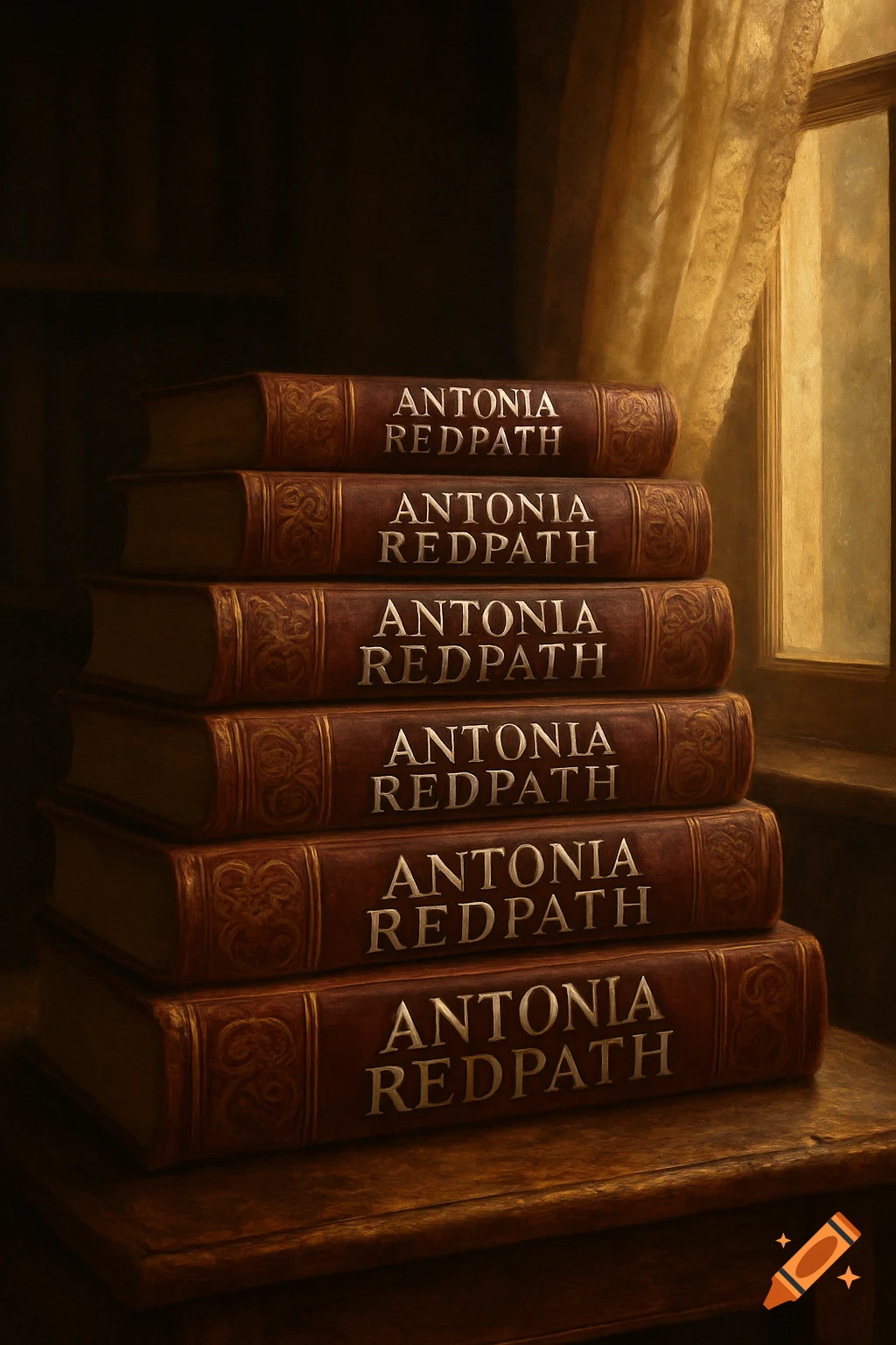 A stack of old brown leather-bound books with 'ANTONIA REDPATH' on the spines, on a wooden table by a sunlit window.
