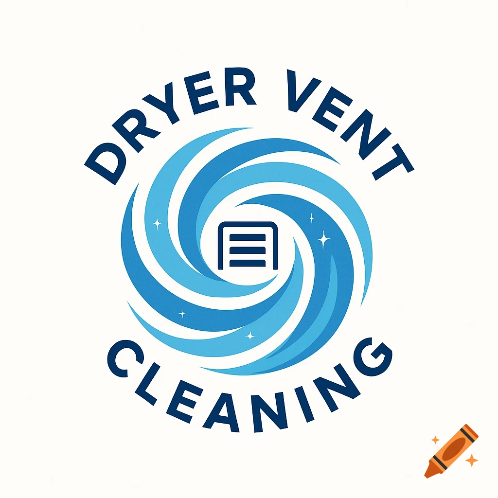 A clean, blue and white logo for a dryer vent cleaning business, featuring swirling lines and a vent icon.