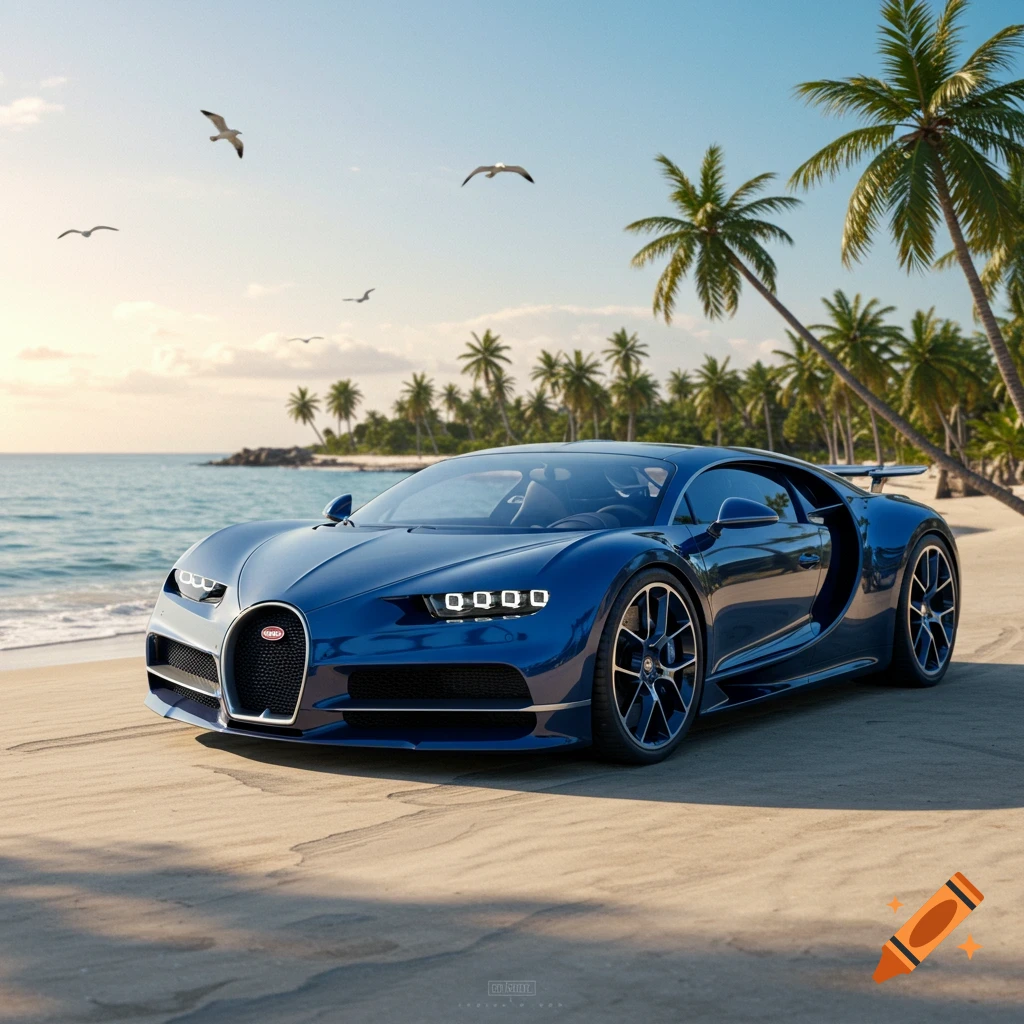 A photorealistic image of a blue Bugatti Chiron parked on a sandy beach with palm trees and seagulls flying under a clear sky.