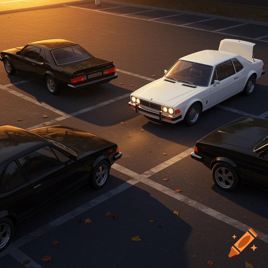 Photorealistic image of three black cars and one white car in a square formation in a parking lot, with the white car's trunk open.