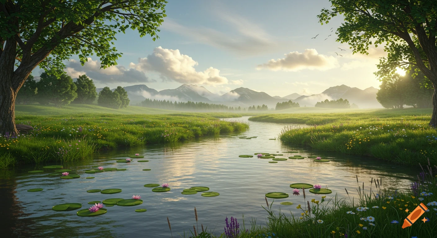 A serene river flows through a vibrant green landscape with trees, mountains, and lily pads, under a warm sky.