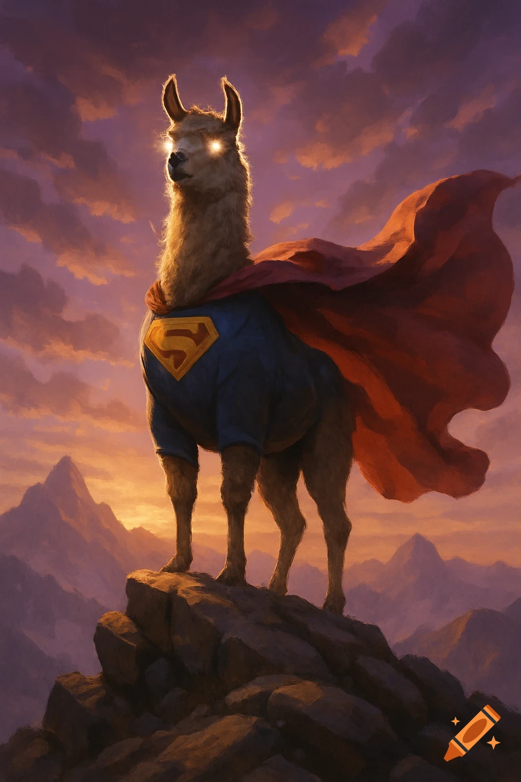 A majestic llama in a blue Superman suit with a red cape and glowing eyes stands on a mountain peak at sunset.