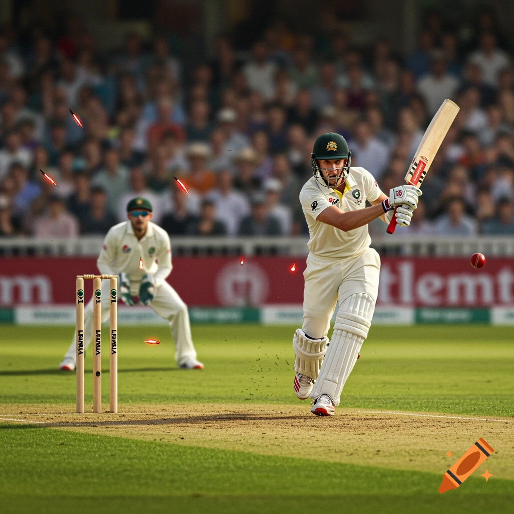 A male cricketer in white uniform hits a red ball with his bat, with a wicket-keeper and stumps in the background on a sunny cricket field.