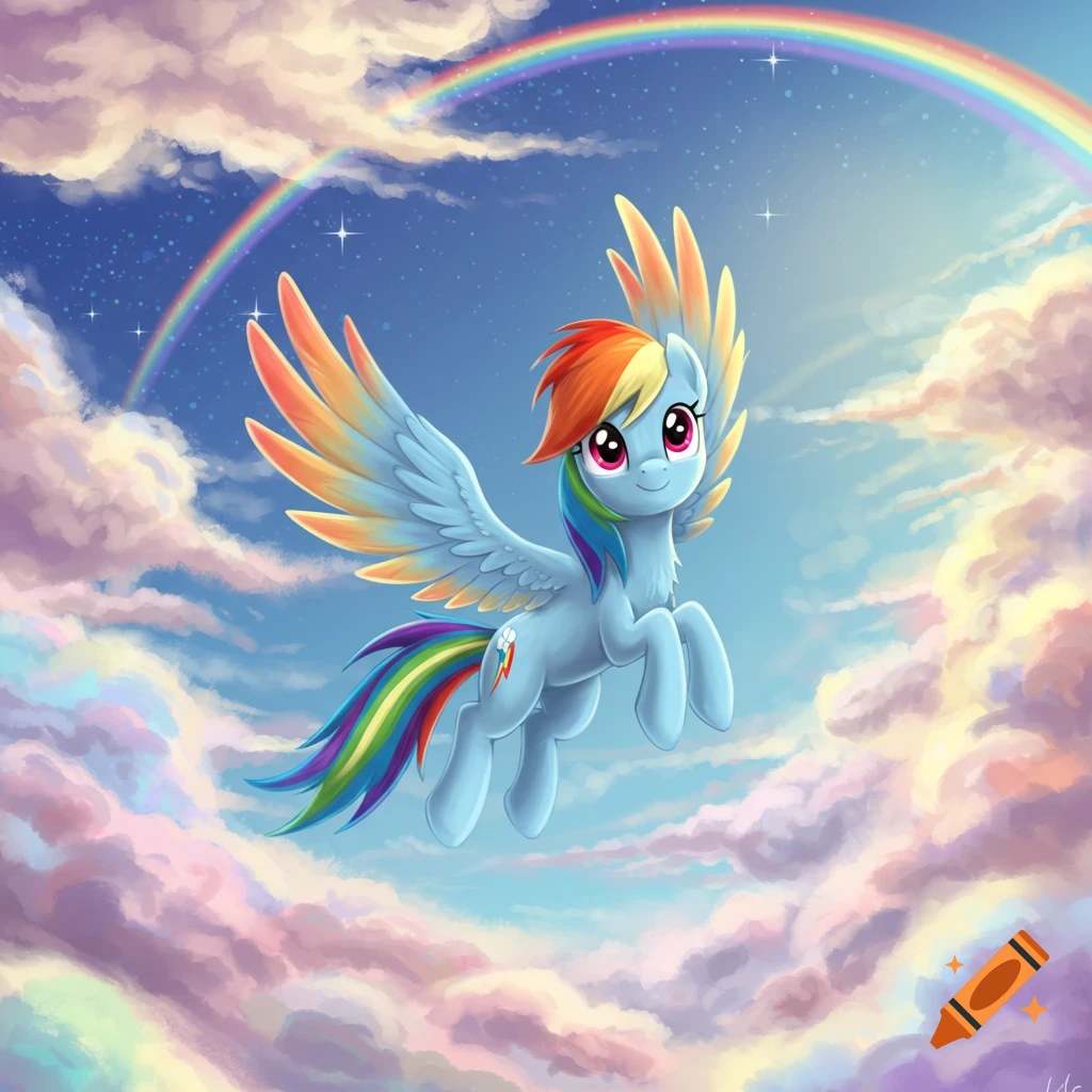 Cartoon Pegasus pony Rainbow Dash flies through fluffy clouds under a vibrant rainbow.