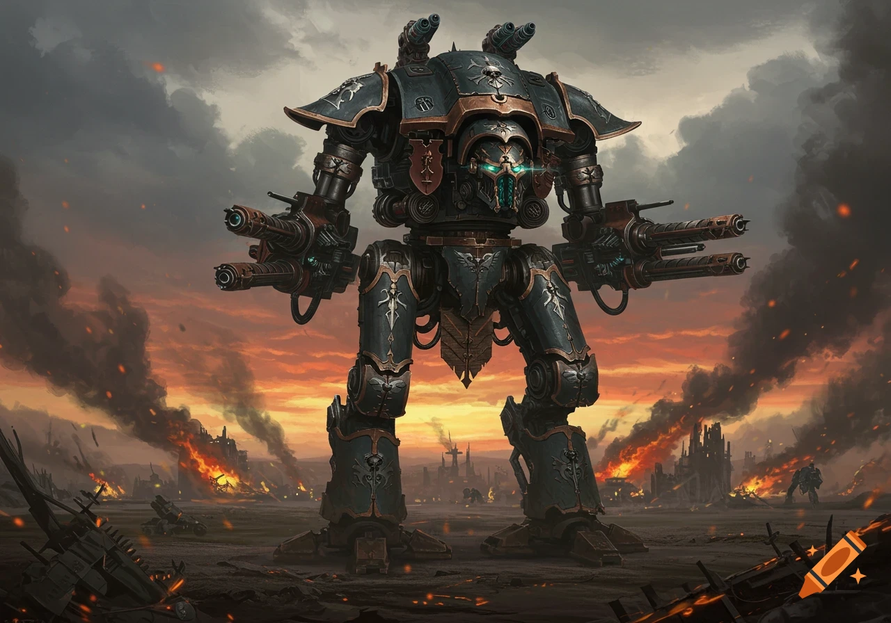 A huge, heavily armored dark metal robot with glowing green eyes stands in a war-torn battlefield at sunset, with explosions and smoke in the background.