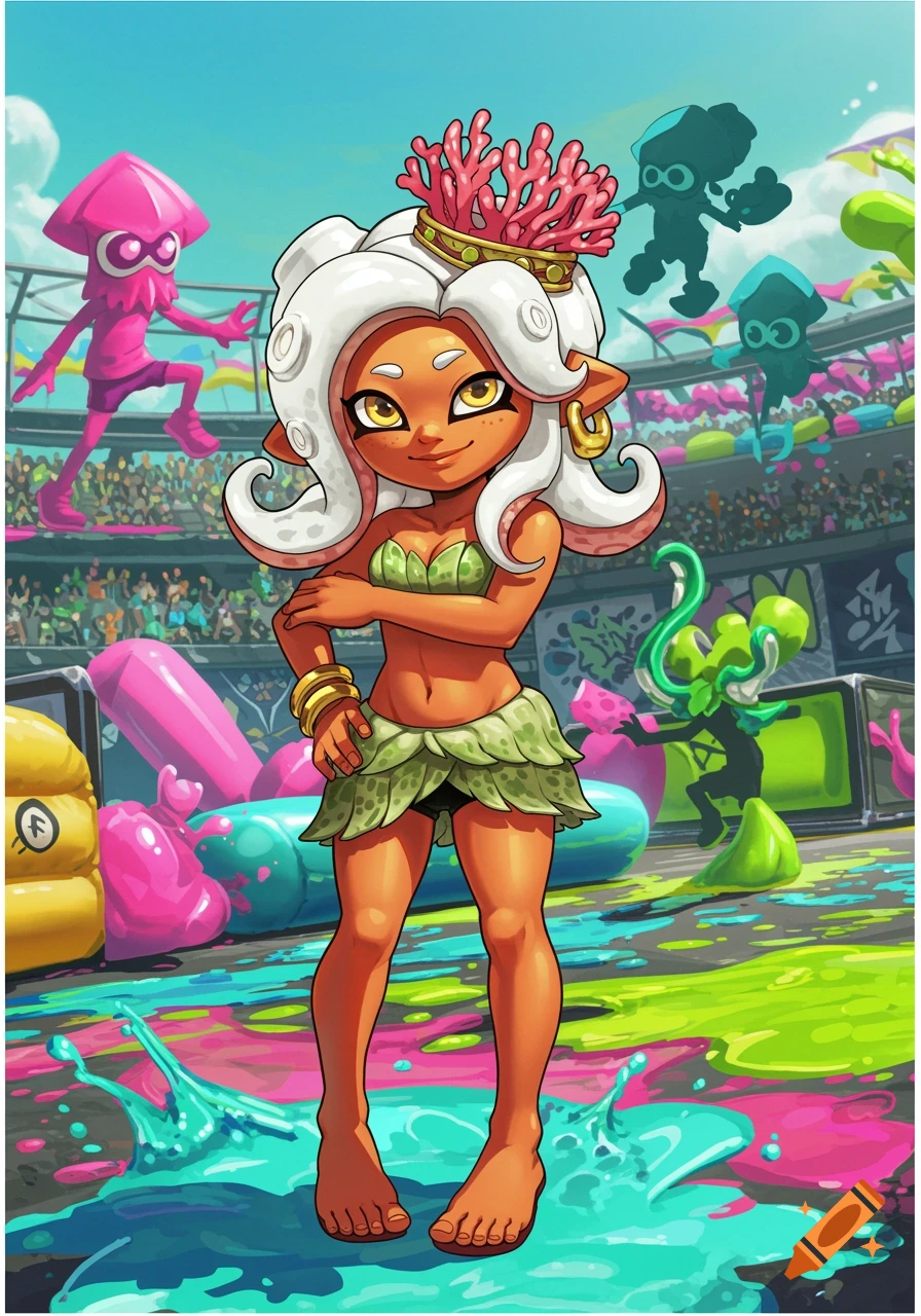 A stylized cartoon Octoling character from Splatoon, with white tentacle hair and a coral crown, stands in a colorful ink-splattered arena.
