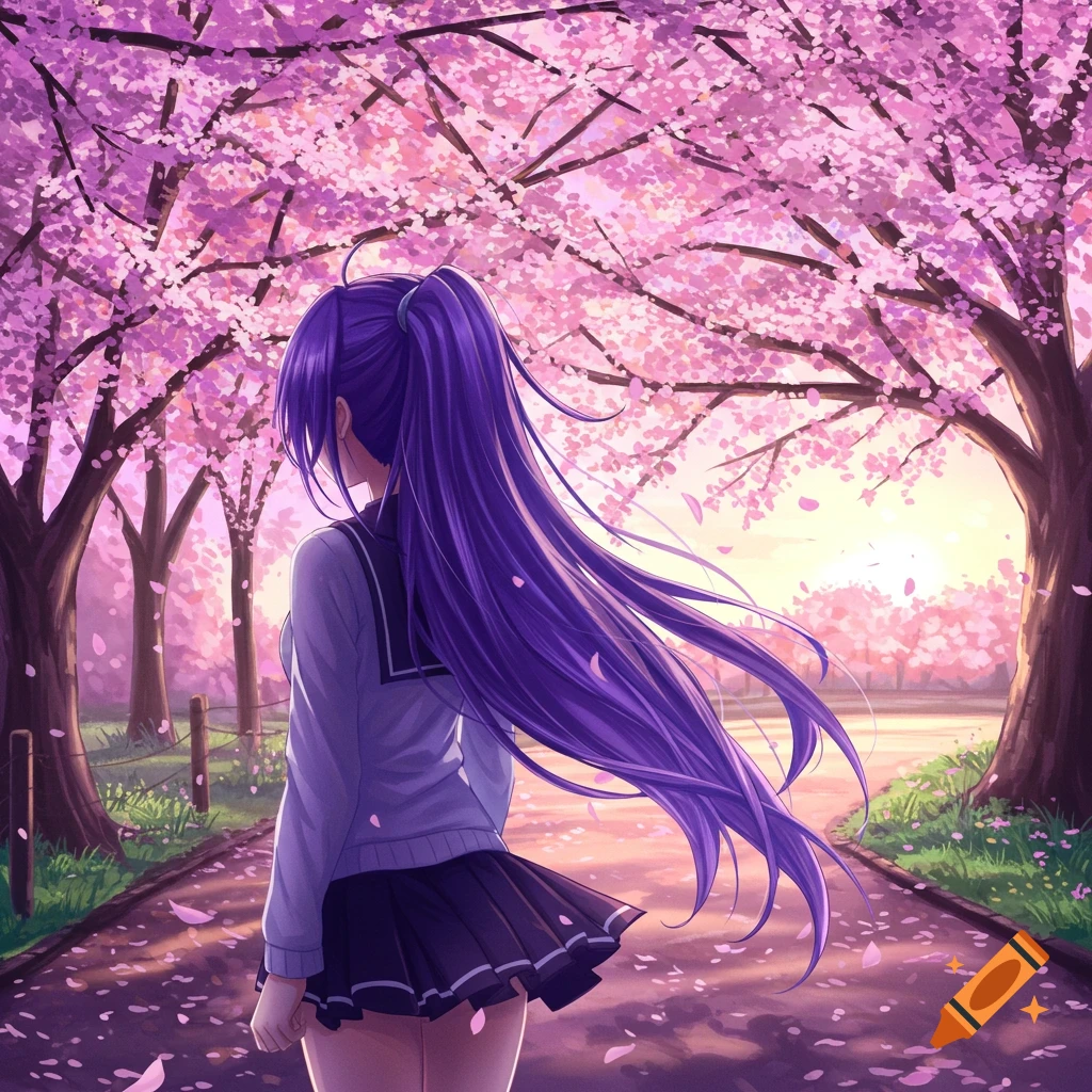Anime girl with long purple ponytail and school uniform walking through a vibrant pink cherry blossom park at sunset.
