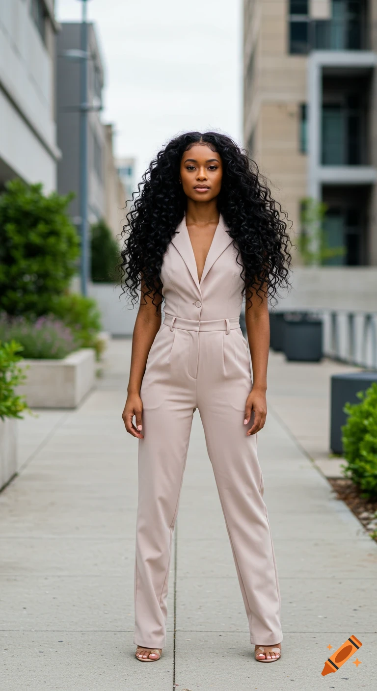 Photorealistic full-body portrait of a Black woman with long curly hair in a beige jumpsuit, standing on a city sidewalk.
