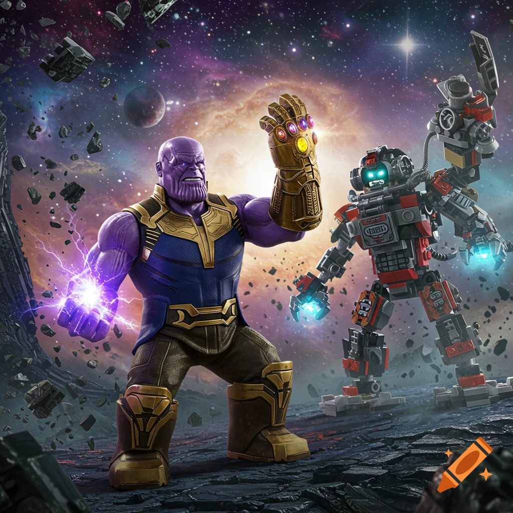 Thanos with the Infinity Gauntlet and purple energy in his left hand, fighting a red and gray Lego robot in outer space with asteroids.
