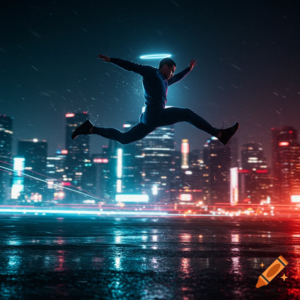 A man leaps over a wet city street at night, illuminated by neon blue and red lights from the cityscape, with a glowing halo.