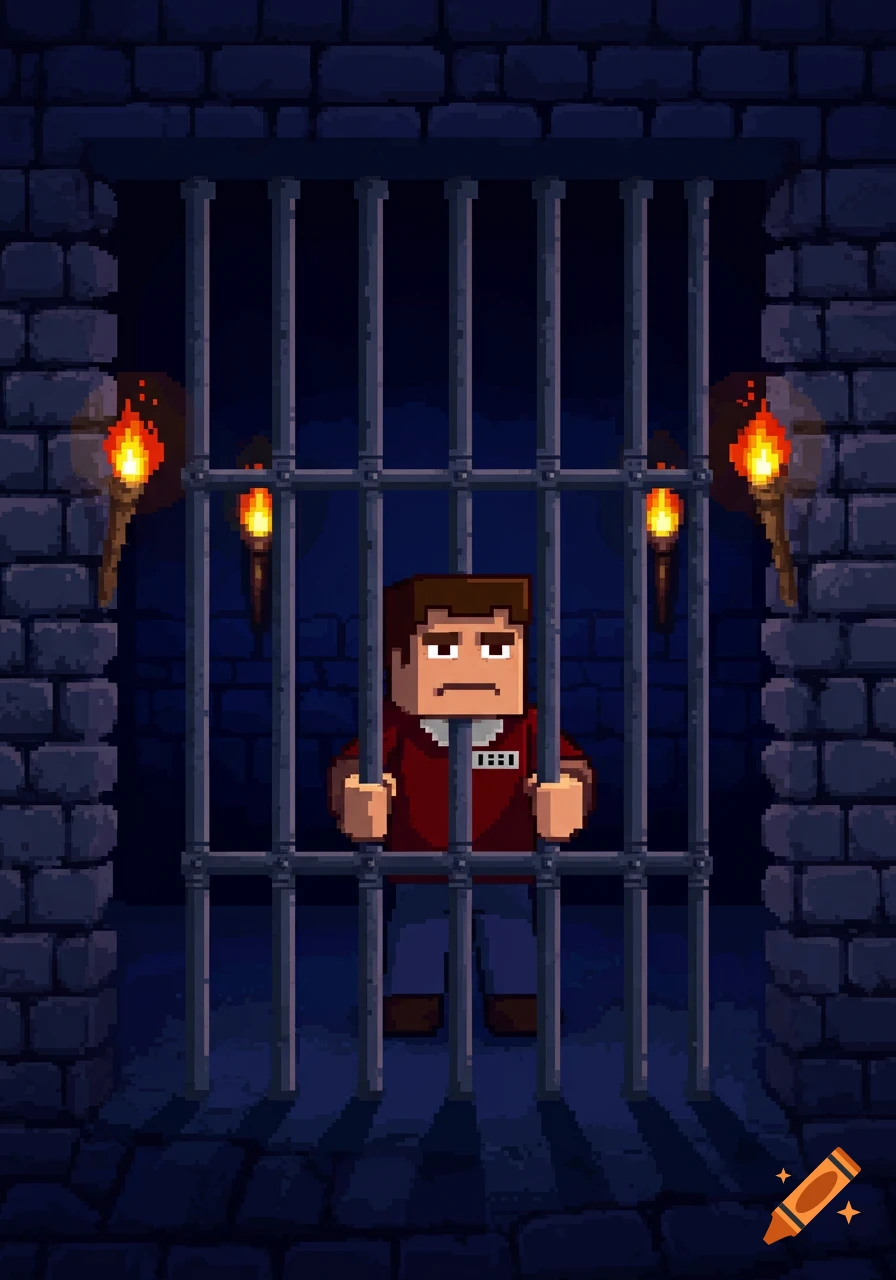An 8-bit pixel art character in a red shirt stands behind dark prison bars in a stone dungeon lit by torches.