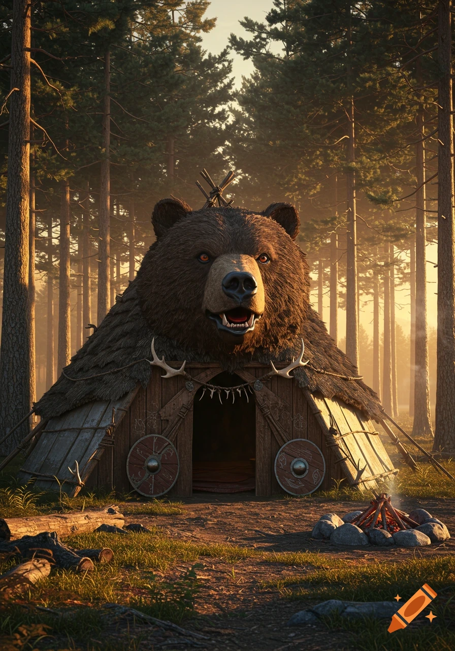 A large, photorealistic brown bear head forms the roof of a rustic tent in a sunlit forest clearing, with a small campfire burning in front.
