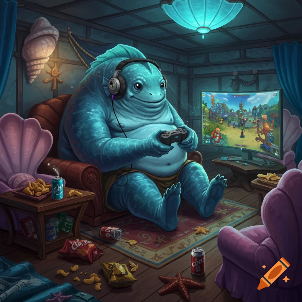 An obese blue fish-like creature with headphones sits in an armchair, playing a video game on a curved monitor in a dimly lit, cozy room cluttered with snacks and sea-themed decor.