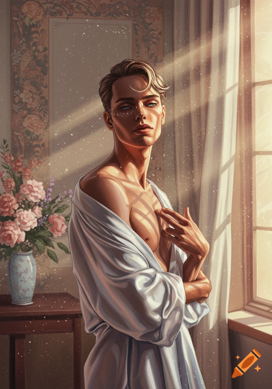 A digital painting of a man in a white robe, illuminated by sunlight through a window, in an ornate room.