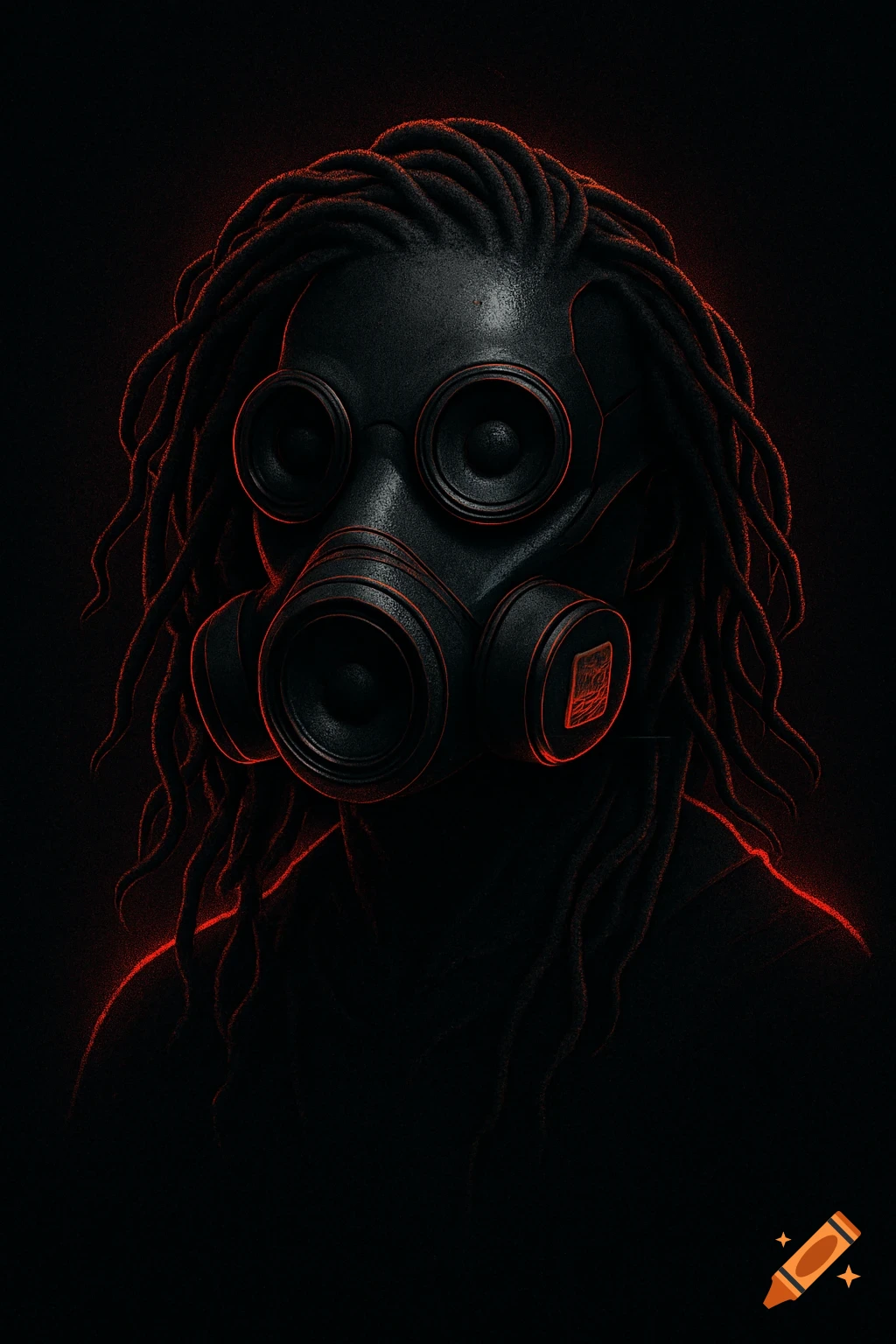 Dark portrait of a person in a gas mask with speaker filters and cable dreadlocks, outlined in red neon light on black.