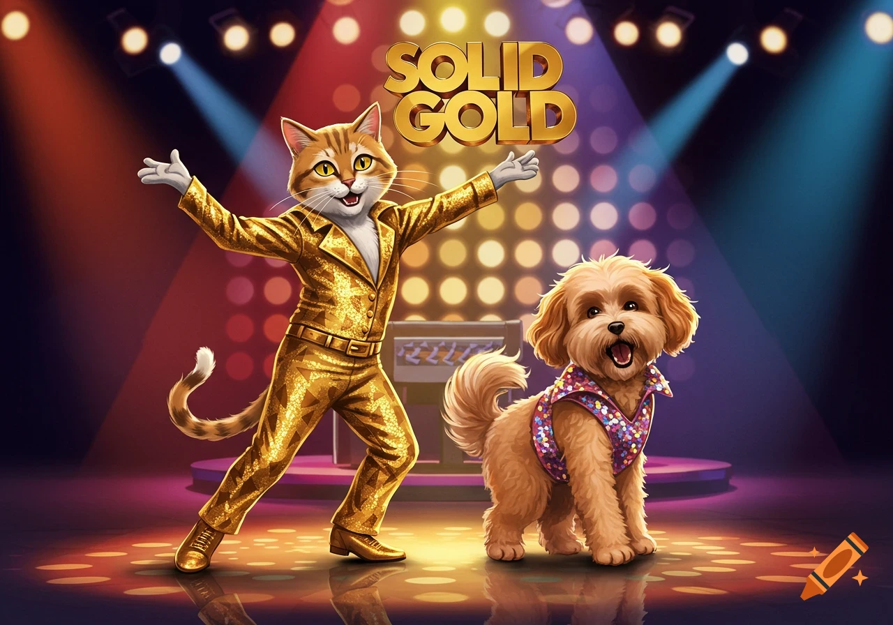 A cartoon cat in a gold suit and a fluffy dog in a sequined vest pose on a disco stage under a 'SOLID GOLD' sign.