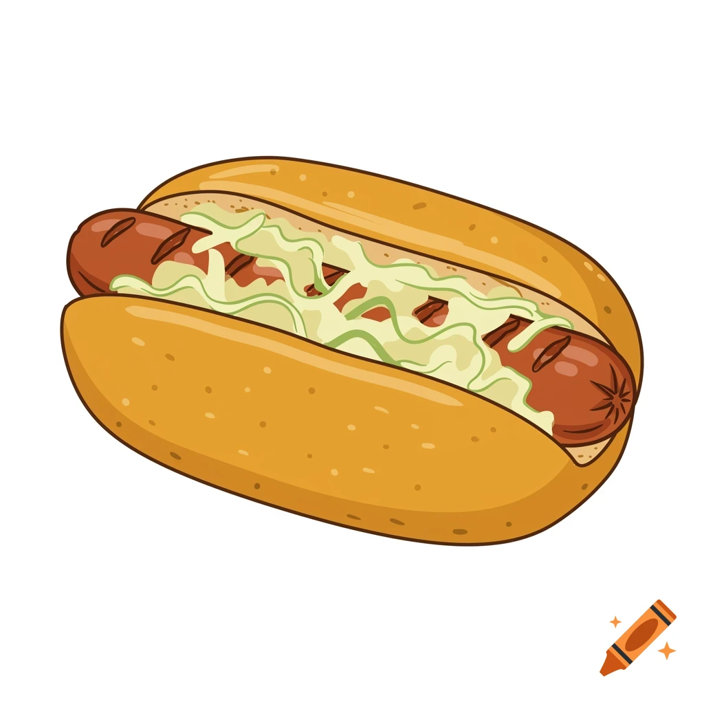 An illustrated hot dog in a bun with sauerkraut.