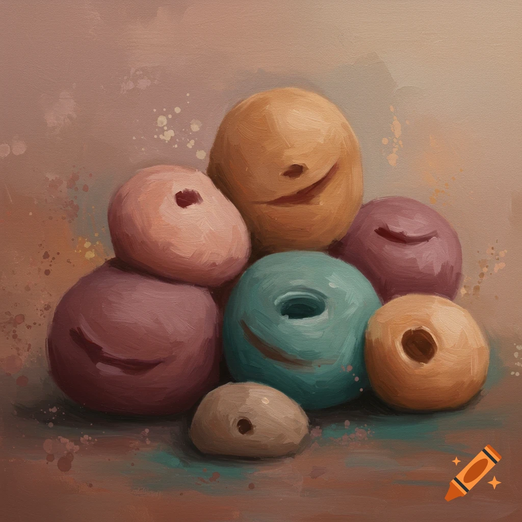 Oil painting of a pile of colorful, round, donut-like objects with simplified smiley faces on a textured background.